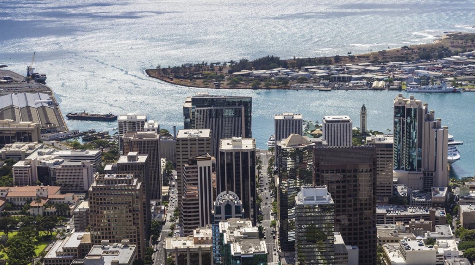 Honolulu harbor with downtown building in foreground